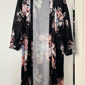 Floral Black Velvet Kimono Robe